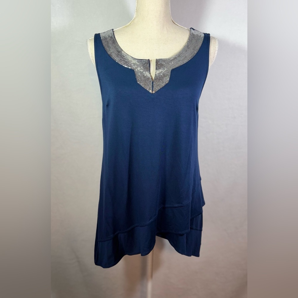 Midnight Velvet Blouse Women’s Size Small Sequin V- Neck Blue Tank - Picture 2 of 8